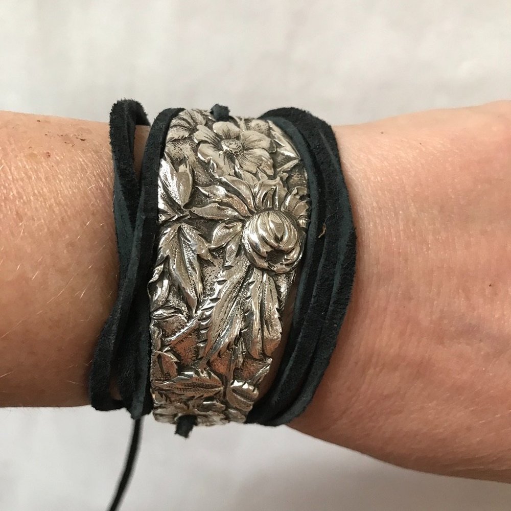 Floral Antique Tie Wrap Bracelet Sterling Silver 925 Kirk Stieff Cuff Yoga Boho - Picture 4 of 11